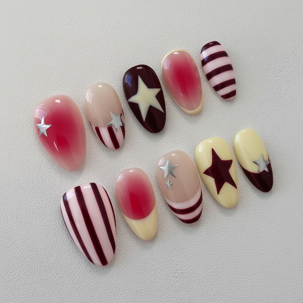 Burgundy Star Press On Nails: Handmade Retro Y2K Stripe Nail Art