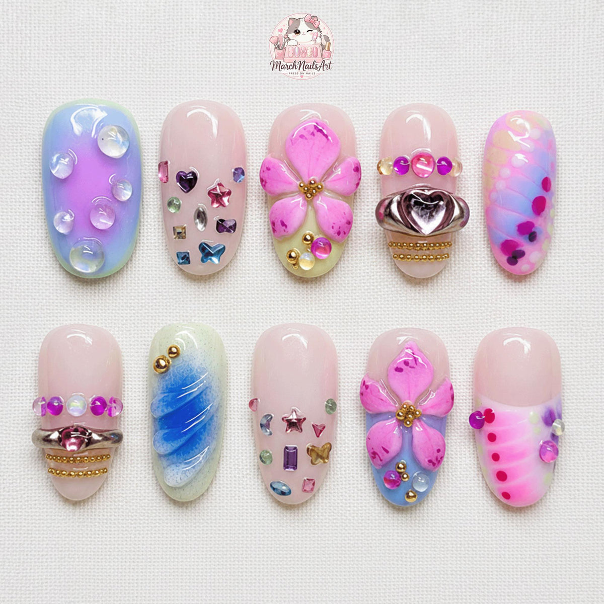 Pastel Blossom Press On Nails, Kawaii Crystal Gem Nails, Handmade Floral Nail Set, Cute Summer Nails