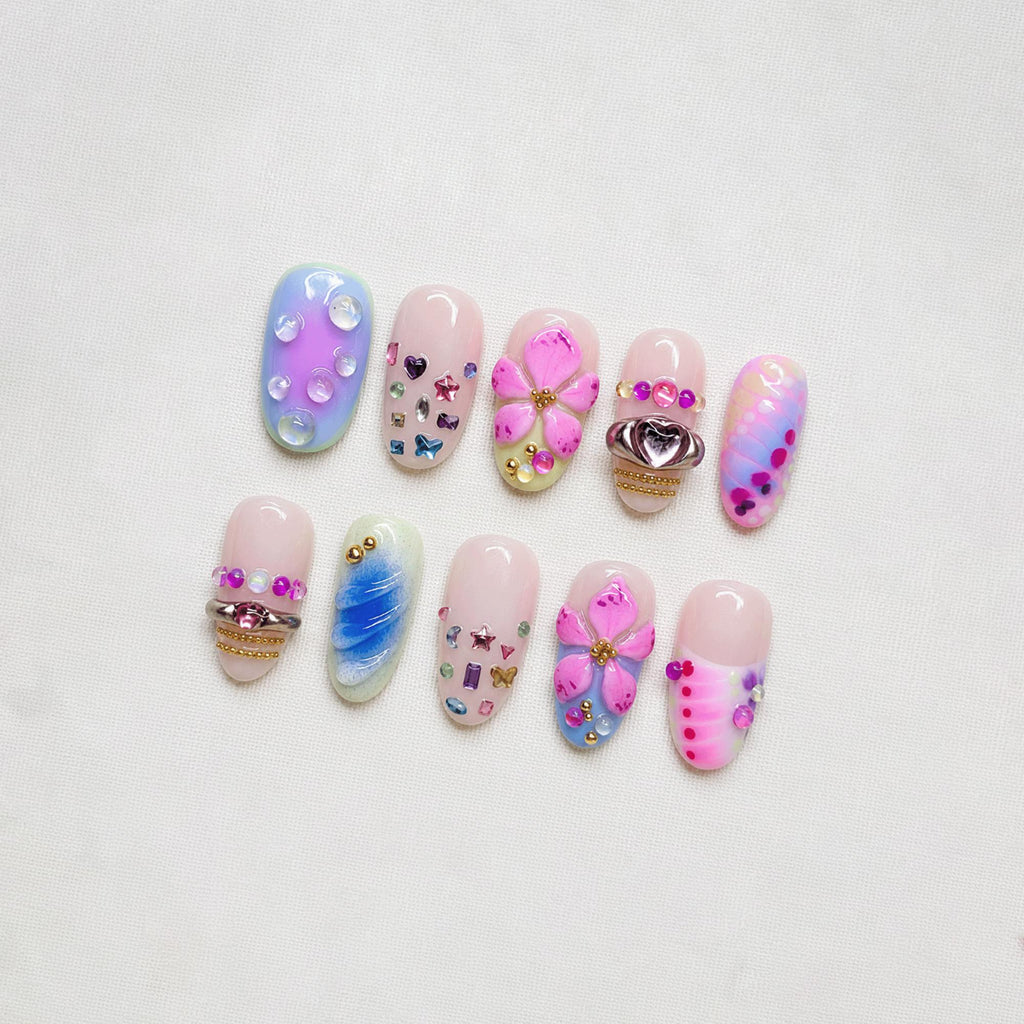 Pastel Blossom Press On Nails, Kawaii Crystal Gem Nails, Handmade Floral Nail Set, Cute Summer Nails