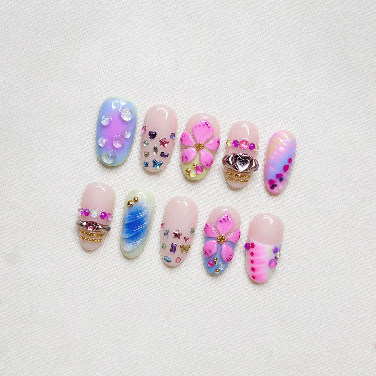 Pastel Blossom Press On Nails, Kawaii Crystal Gem Nails, Handmade Floral Nail Set, Cute Summer Nails