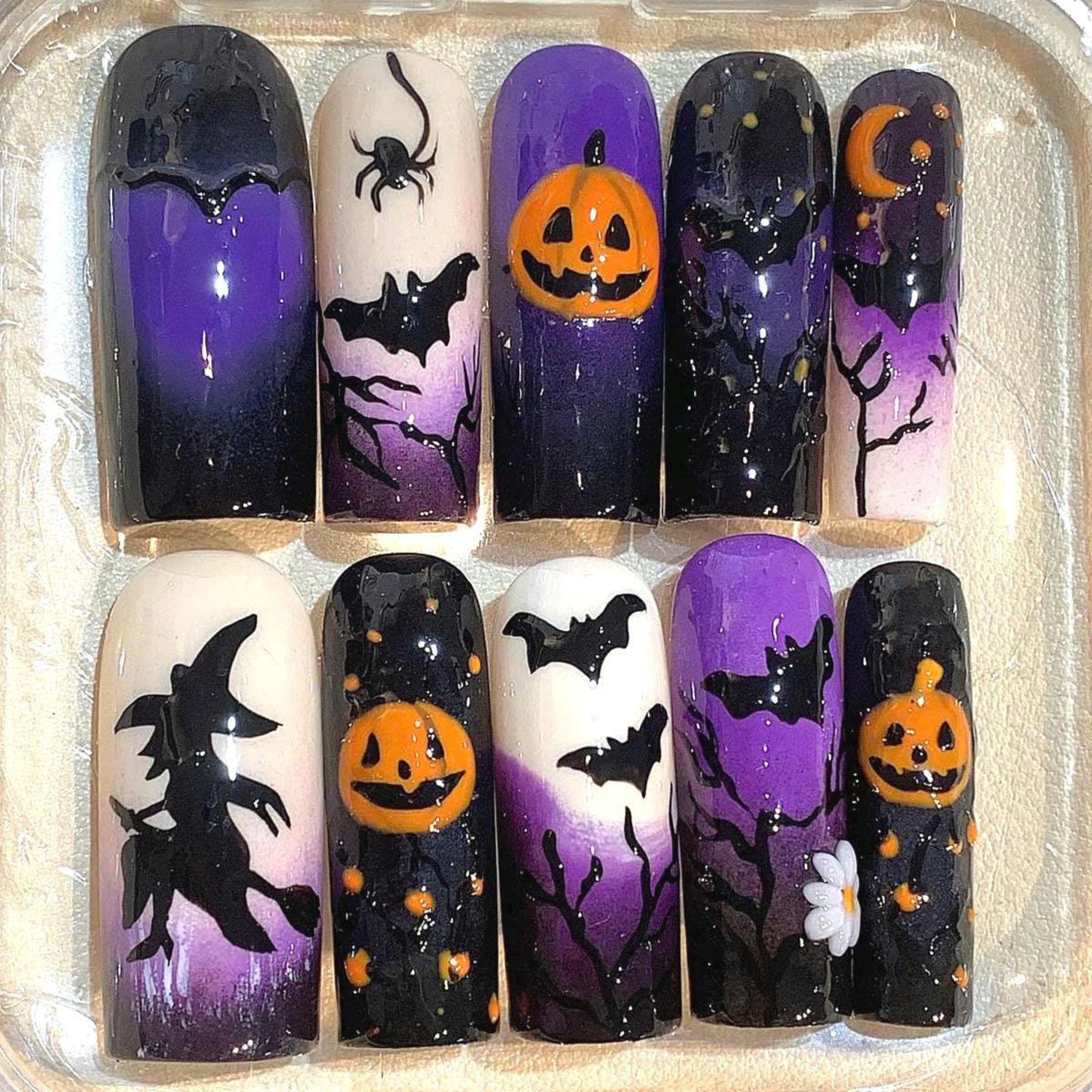 Handmade Halloween Press On Nails: Purple Black Ombre, Spooky Nail Art