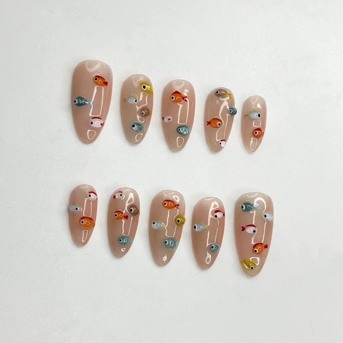 3D Fish Press On Nails | Cute Aquarium Almond Nails | Handpainted Ocean Jelly Fake Nails | Summer Beach Vacation Reusable Nails Gift|JB400LK