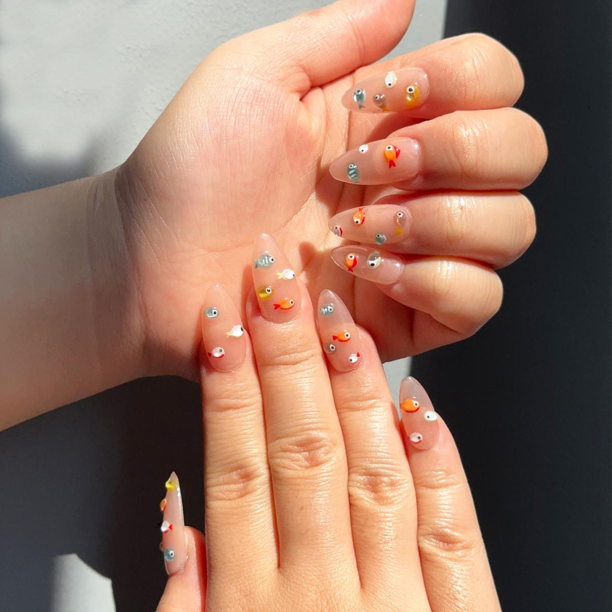 3D Fish Press On Nails | Cute Aquarium Almond Nails | Handpainted Ocean Jelly Fake Nails | Summer Beach Vacation Reusable Nails Gift|JB400LK