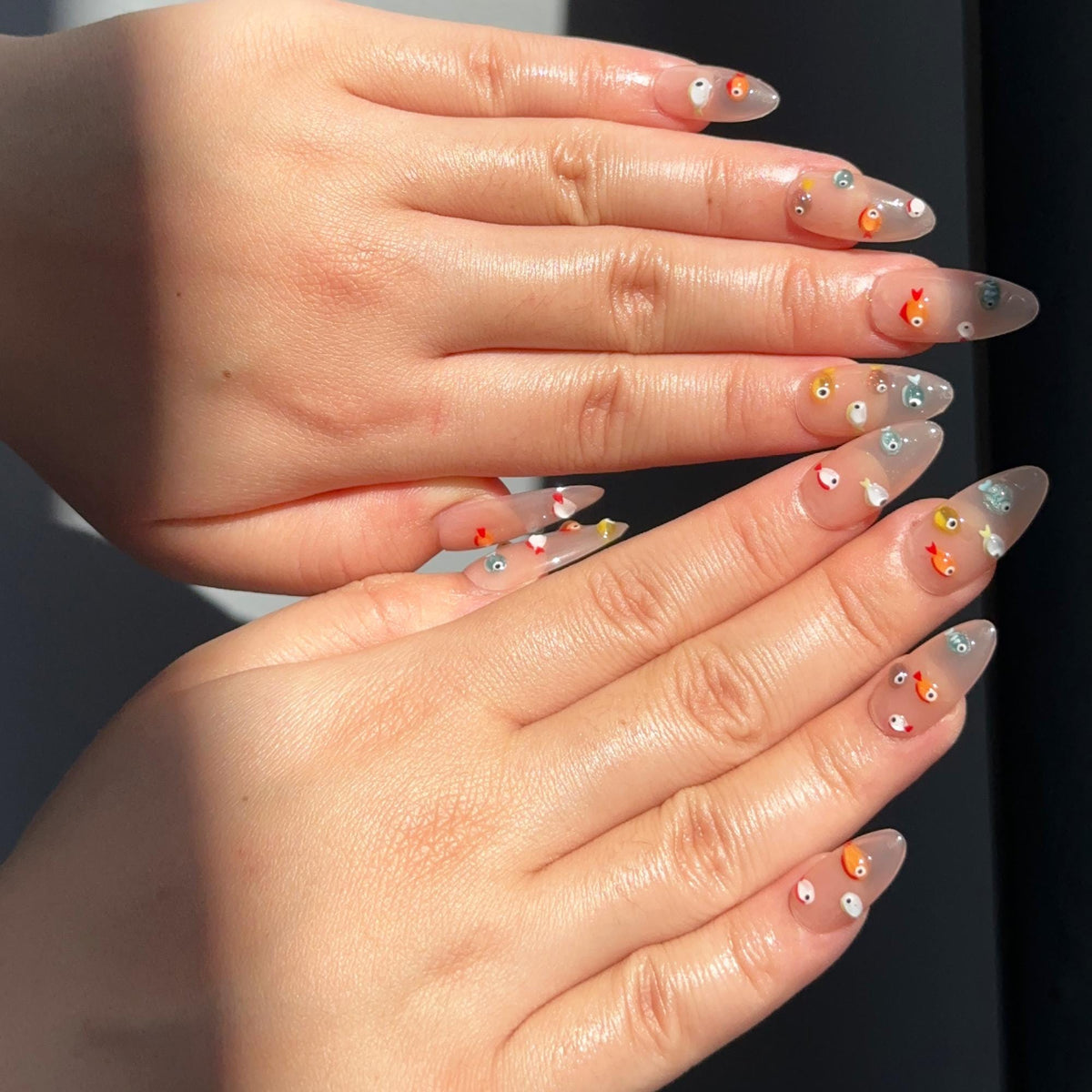 3D Fish Press On Nails | Cute Aquarium Almond Nails | Handpainted Ocean Jelly Fake Nails | Summer Beach Vacation Reusable Nails Gift|JB400LK