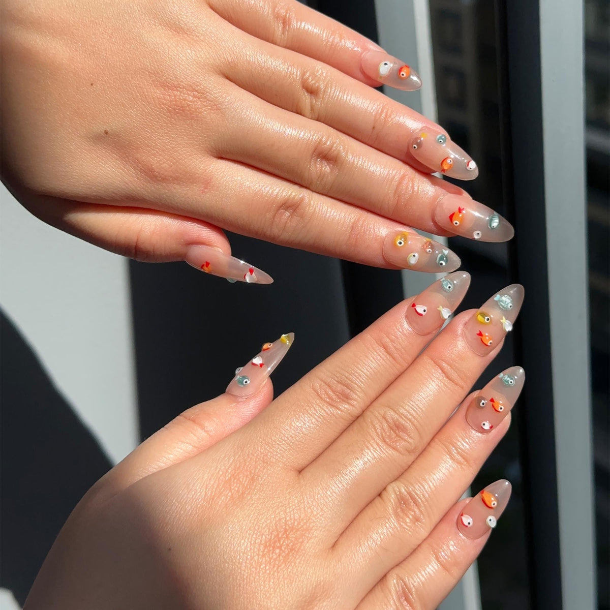3D Fish Press On Nails | Cute Aquarium Almond Nails | Handpainted Ocean Jelly Fake Nails | Summer Beach Vacation Reusable Nails Gift|JB400LK