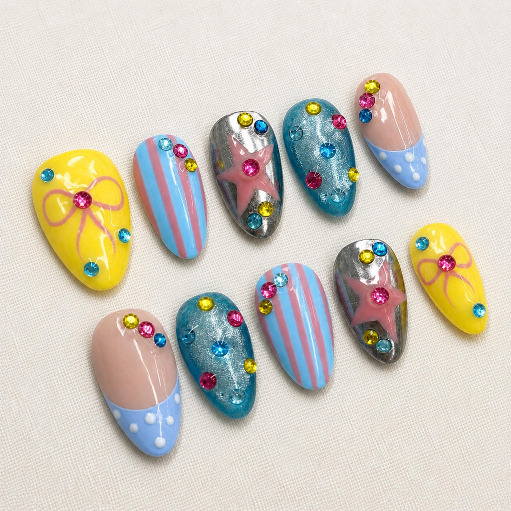 Pastel Carnival Press On Nails, Pastel Summer Beach Nail Set