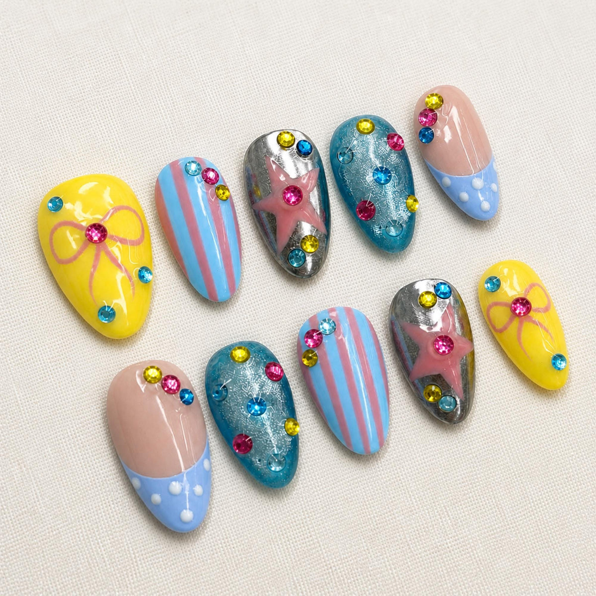 Pastel Carnival Press On Nails, Pastel Summer Beach Nail Set