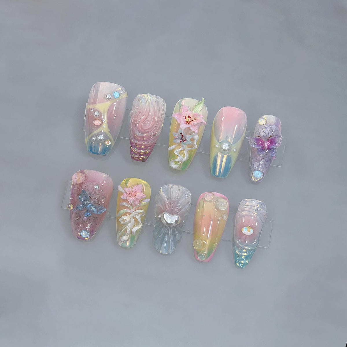 Fairycore Mermaid Press On Nails, 3D Summer Floral Nails, Ocean Fantasy Nail Art, Handmade Pastel Chrome Nail Set