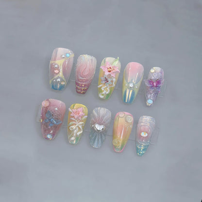 Fairycore Mermaid Press On Nails, 3D Summer Floral Nails, Ocean Fantasy Nail Art, Handmade Pastel Chrome Nail Set