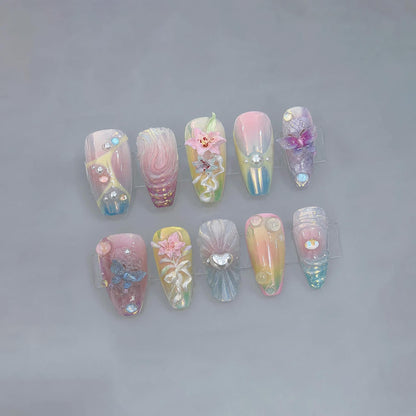Fairycore Mermaid Press On Nails, 3D Summer Floral Nails, Ocean Fantasy Nail Art, Handmade Pastel Chrome Nail Set