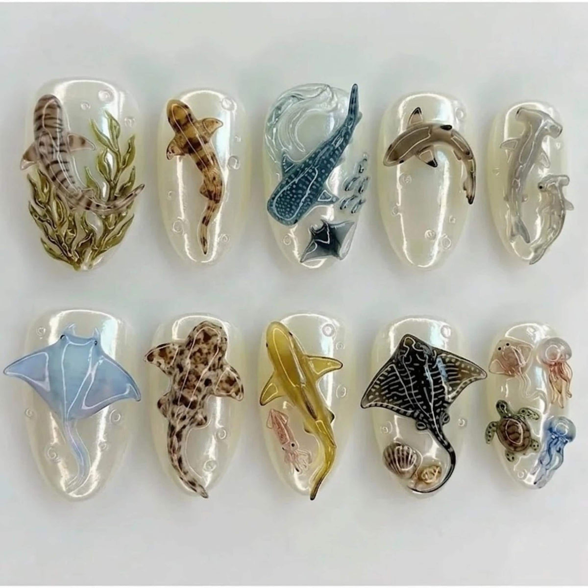 Handmade Ocean Life Press On Nails | 3D Whale Shark, Dolphin, Stingray & Sea Creature Design | Coastal Summer Marine Nail Set
