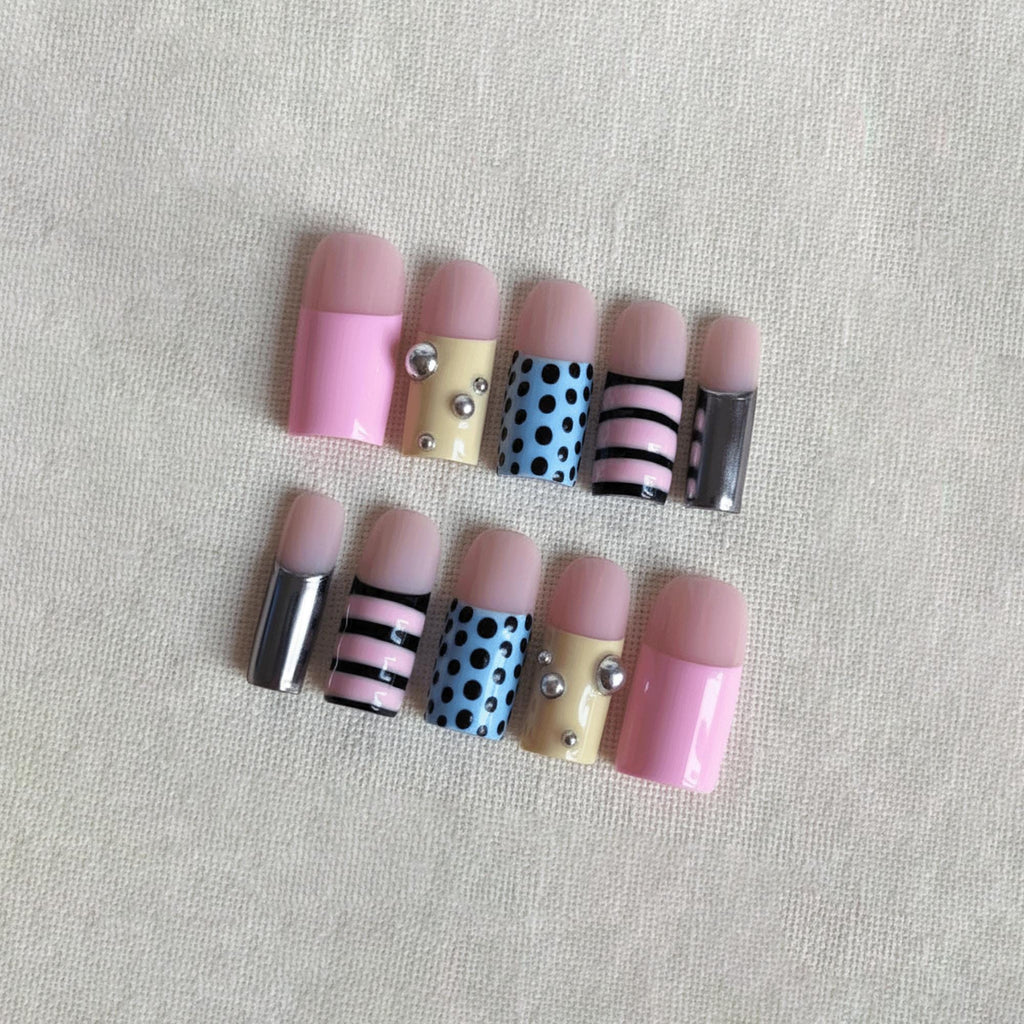 Retro Pop Art Press On Nails, Y2K Polka Dot Nails, Color Block Pink Blue Nails, Funky Handmade Gel Nail Set