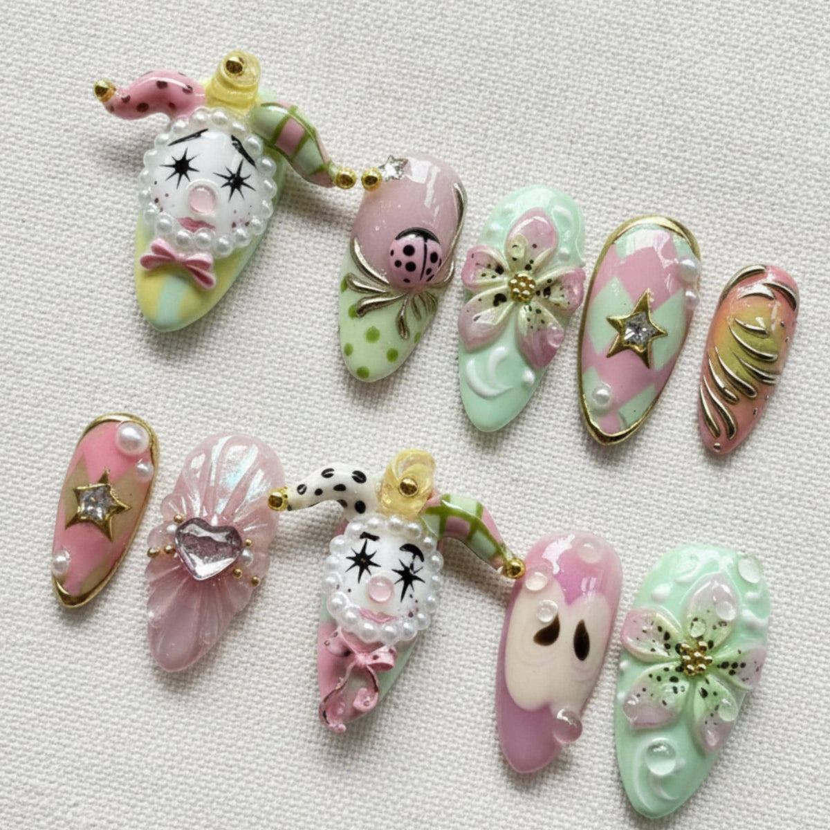 Harlequin Press On Nails, Pastel Clowncore Nail Set