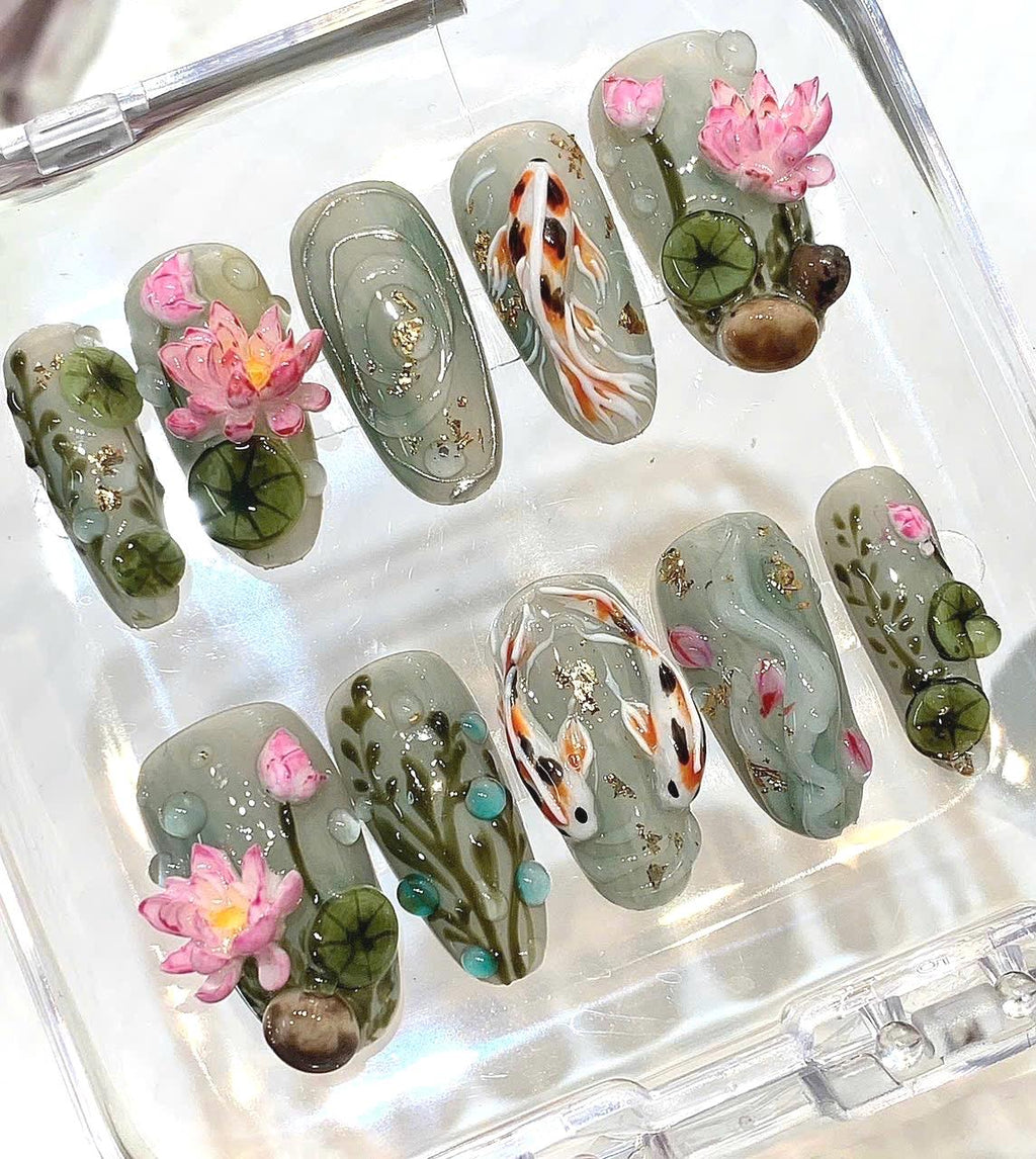 Koi Fish Lotus Press On Nails, Japanese Pond Set, 3D Sage Green Luxury Nails