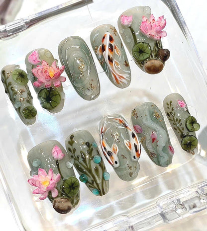 Koi Fish Lotus Press On Nails, Japanese Pond Set, 3D Sage Green Luxury Nails
