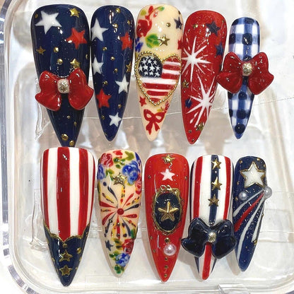 Patriotic Press On Nails, American Flag Star Bow Set