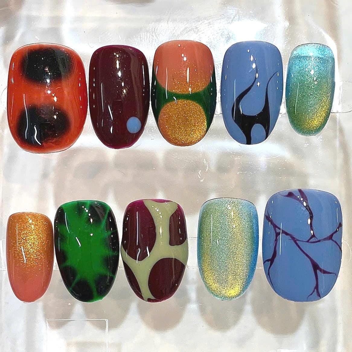 Abstract Retro Press On Nails, Aura Airbrush Color Block Set, Y2K Artistic Glossy Gel