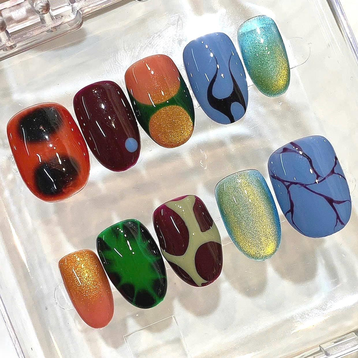 Abstract Retro Press On Nails, Aura Airbrush Color Block Set, Y2K Artistic Glossy Gel