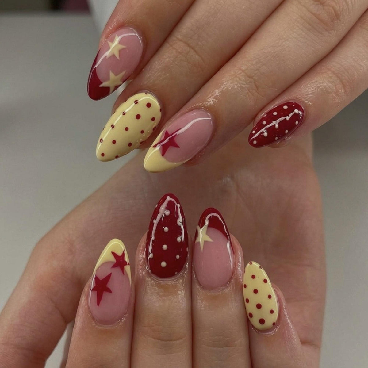 Vintage Y2K Star Press On Nails: Red Yellow Polka Dot Nail Set