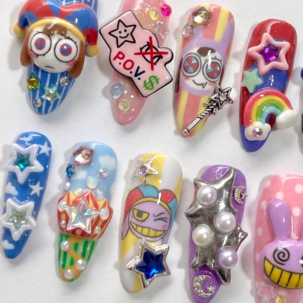 Whimsical 3D Cartoon Press On Nails Cute Jester & Purple Bunny Fake Nails Handpainted Colorful Star Nail Set Reusable Gel Nails Box| JB413L