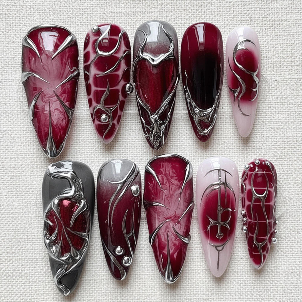 Dark Red Gothic Press On Nails, Chrome Silver Aura Nails, Y2K Cyber Nail Art, Handmade Metallic Nail Set, Grunge Nails
