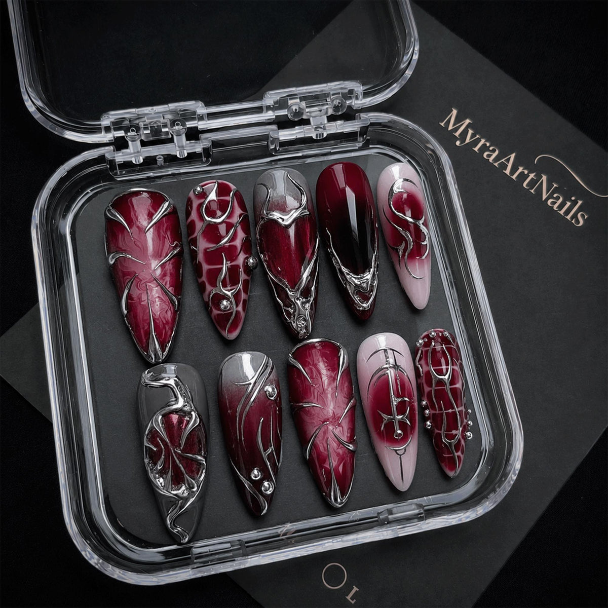 Dark Red Gothic Press On Nails, Chrome Silver Aura Nails, Y2K Cyber Nail Art, Handmade Metallic Nail Set, Grunge Nails