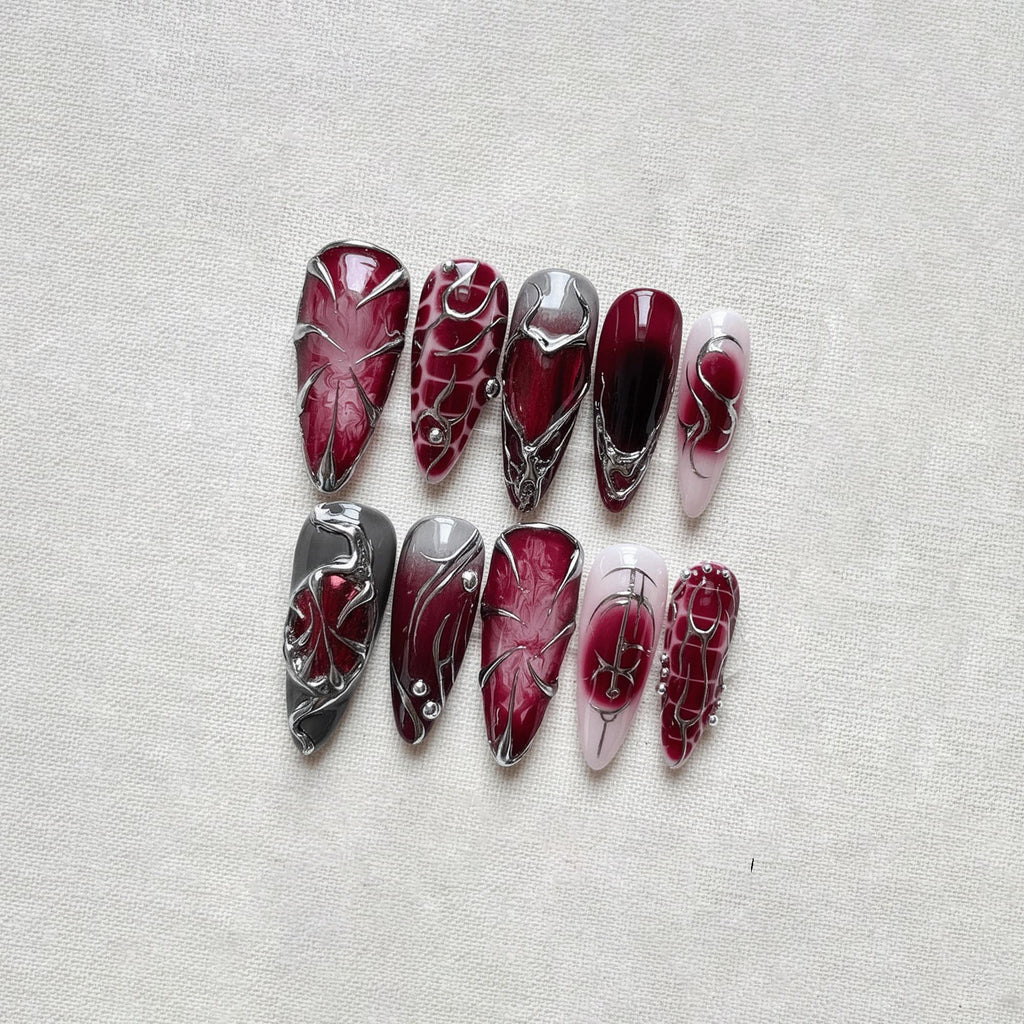 Dark Red Gothic Press On Nails, Chrome Silver Aura Nails, Y2K Cyber Nail Art, Handmade Metallic Nail Set, Grunge Nails