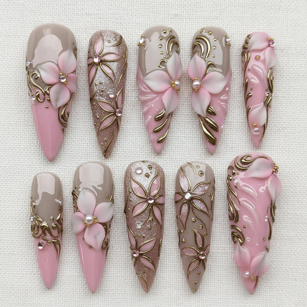 3D Flower Press On Nails, Pink Chrome Floral Nails, Fairycore Princess Nail Art, Handmade Elegant Stiletto Nails
