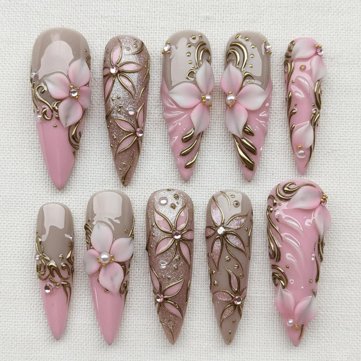 3D Flower Press On Nails, Pink Chrome Floral Nails, Fairycore Princess Nail Art, Handmade Elegant Stiletto Nails