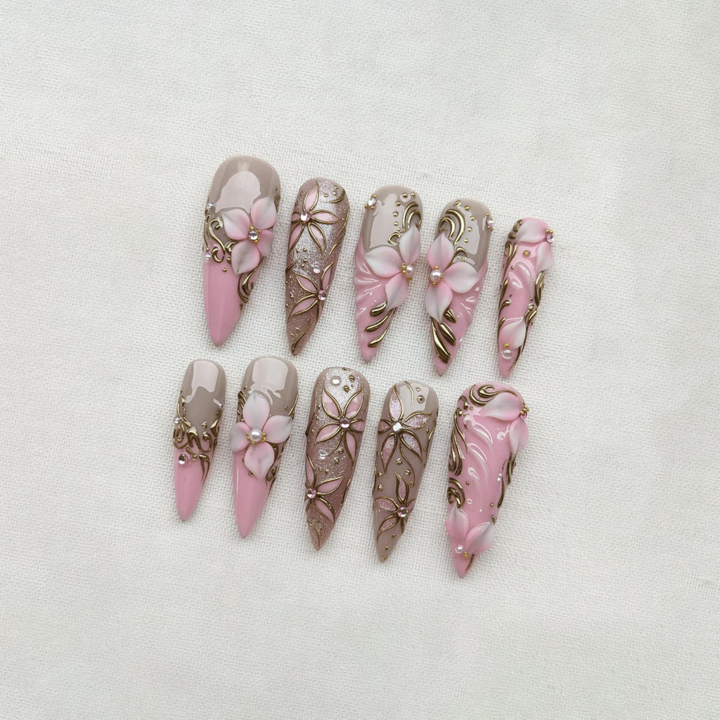 3D Flower Press On Nails, Pink Chrome Floral Nails, Fairycore Princess Nail Art, Handmade Elegant Stiletto Nails