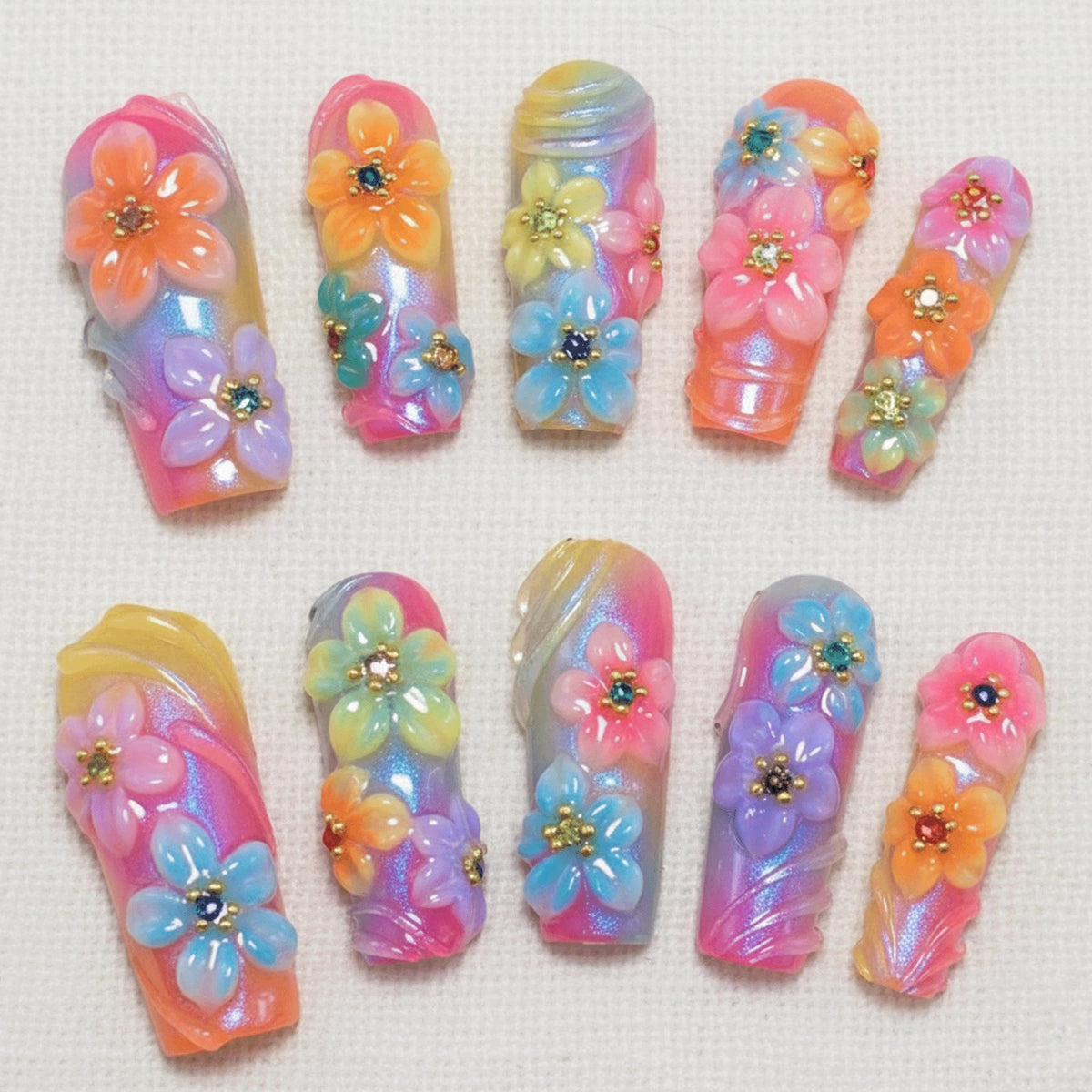 Rainbow Flower Press On Nails, Summer Kawaii Nails, Tropical Hibiscus Nails, 3D Floral Nails, Handmade Mermaid Chrome Nails