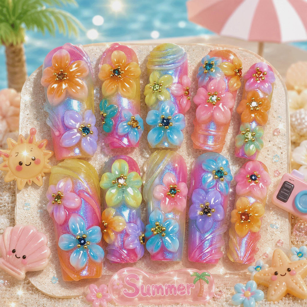 Rainbow Flower Press On Nails, Summer Kawaii Nails, Tropical Hibiscus Nails, 3D Floral Nails, Handmade Mermaid Chrome Nails