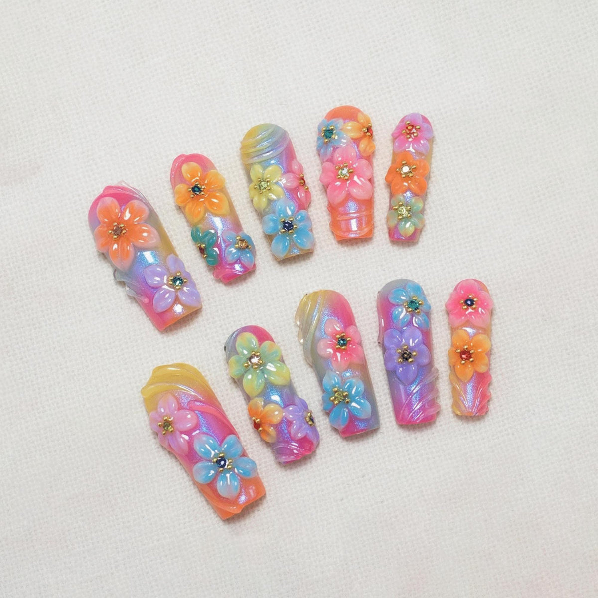 Rainbow Flower Press On Nails, Summer Kawaii Nails, Tropical Hibiscus Nails, 3D Floral Nails, Handmade Mermaid Chrome Nails