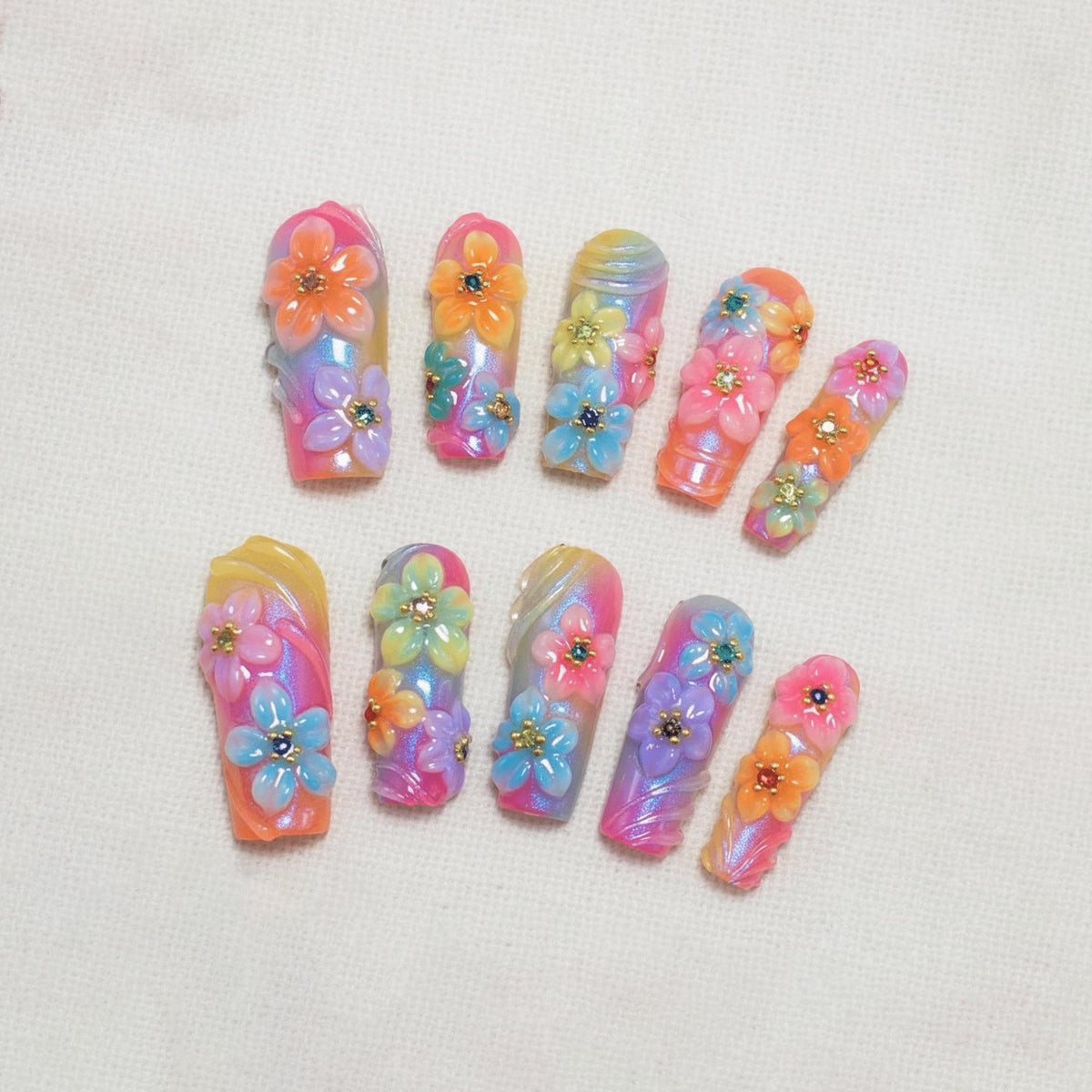 Rainbow Flower Press On Nails, Summer Kawaii Nails, Tropical Hibiscus Nails, 3D Floral Nails, Handmade Mermaid Chrome Nails