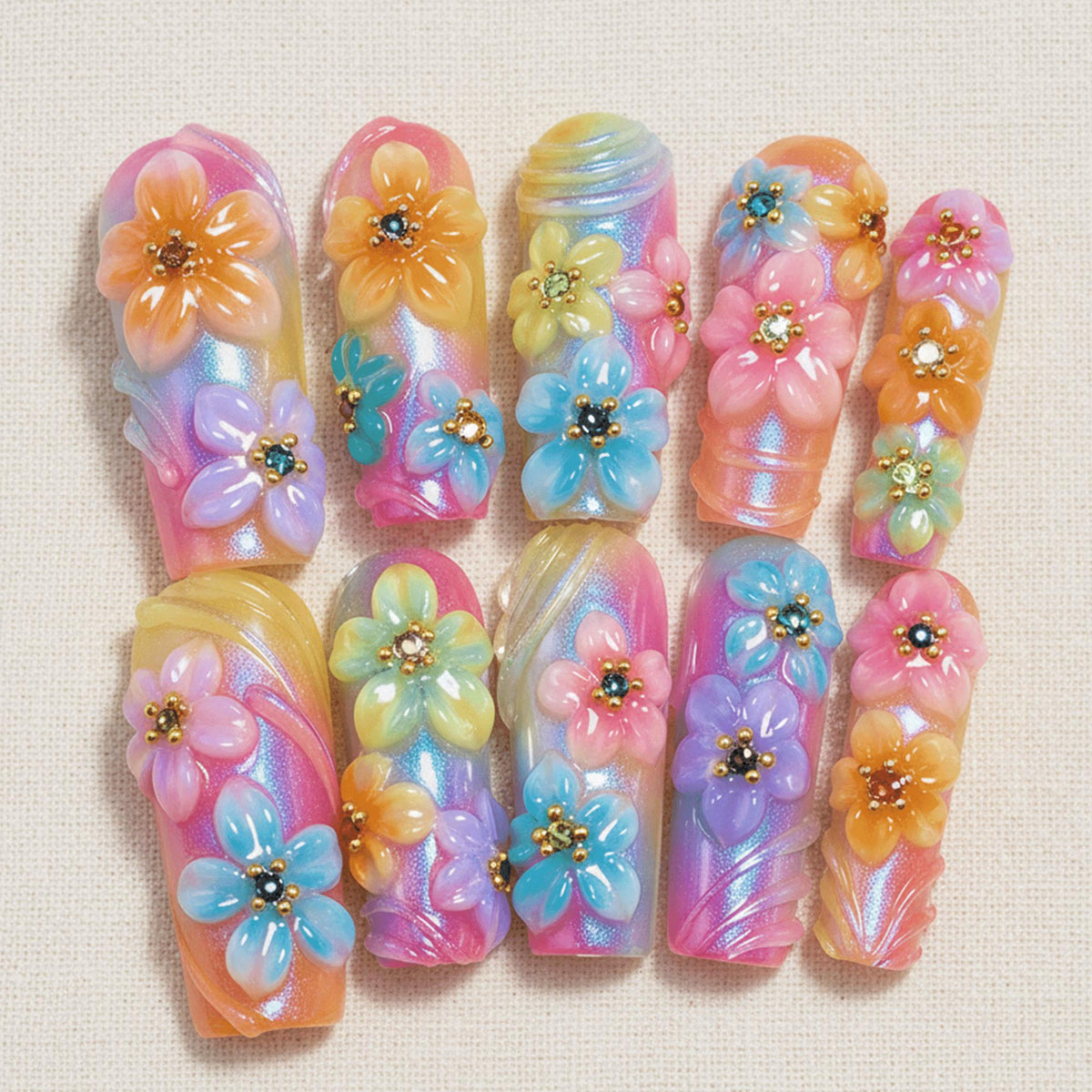 Rainbow Flower Press On Nails, Summer Kawaii Nails, Tropical Hibiscus Nails, 3D Floral Nails, Handmade Mermaid Chrome Nails