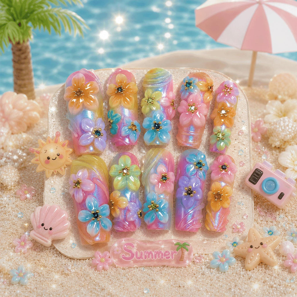 Rainbow Flower Press On Nails, Summer Kawaii Nails, Tropical Hibiscus Nails, 3D Floral Nails, Handmade Mermaid Chrome Nails