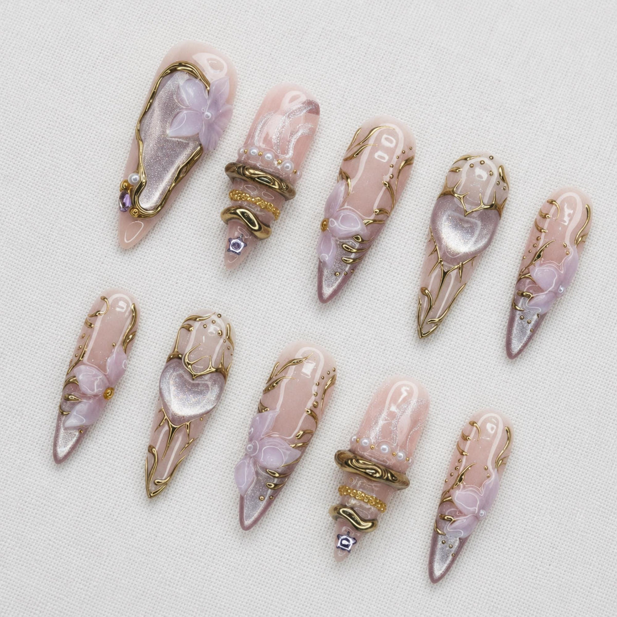Lavender Cat Eye Press On Nails, Gold Floral Fairycore Set
