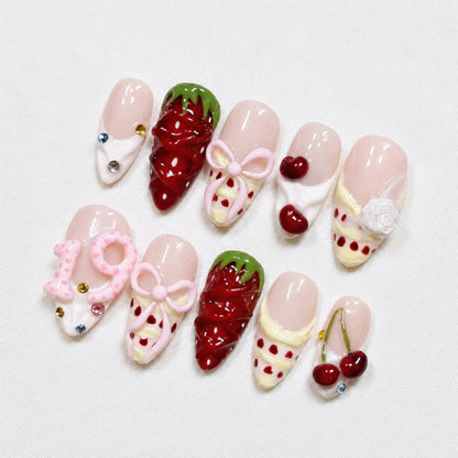 Birthday Cake Press On Nails: Strawberry Kawaii Nail Set