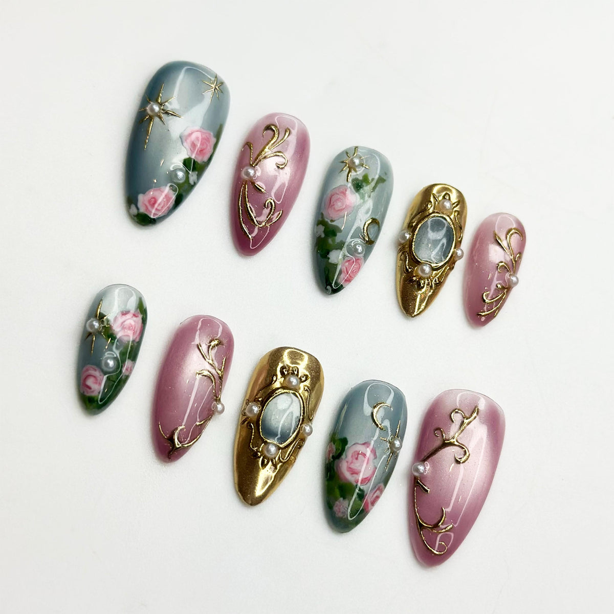 Vintage Rose Press On Nails | Luxury Rococo Almond Nails | Handpainted Pearl Floral Gold Frame Fake Nails | JB403LK