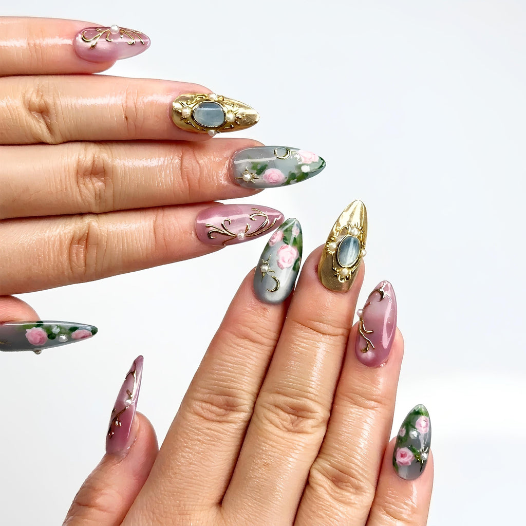 Vintage Rose Press On Nails | Luxury Rococo Almond Nails | Handpainted Pearl Floral Gold Frame Fake Nails | JB403LK