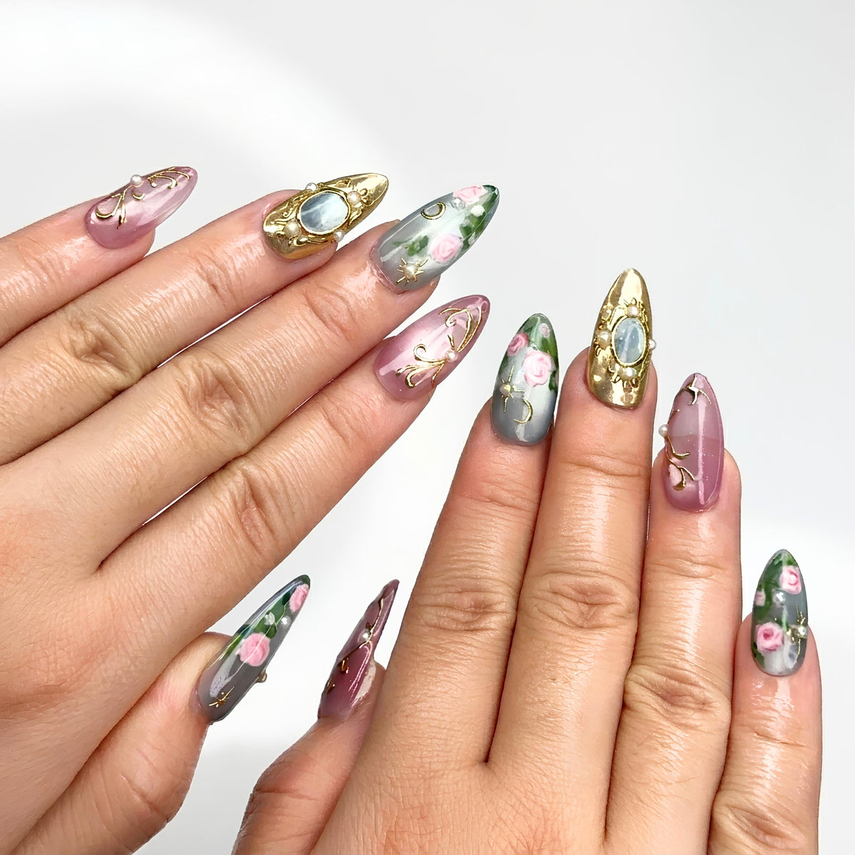 Vintage Rose Press On Nails | Luxury Rococo Almond Nails | Handpainted Pearl Floral Gold Frame Fake Nails | JB403LK