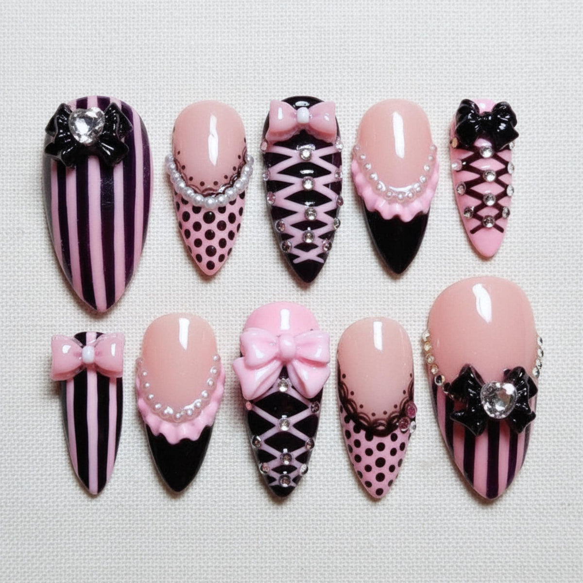Coquette Corset Press On Nails, Pink Black Bow Nail Set