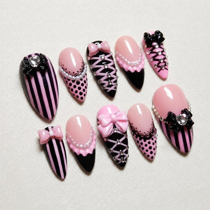 Coquette Corset Press On Nails, Pink Black Bow Nail Set