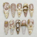 Elegant 3D Floral Press On Nails, Nude Chrome Mermaid Nails, Luxury Ocean Nail Art, Beige Pearl Seashell Nails