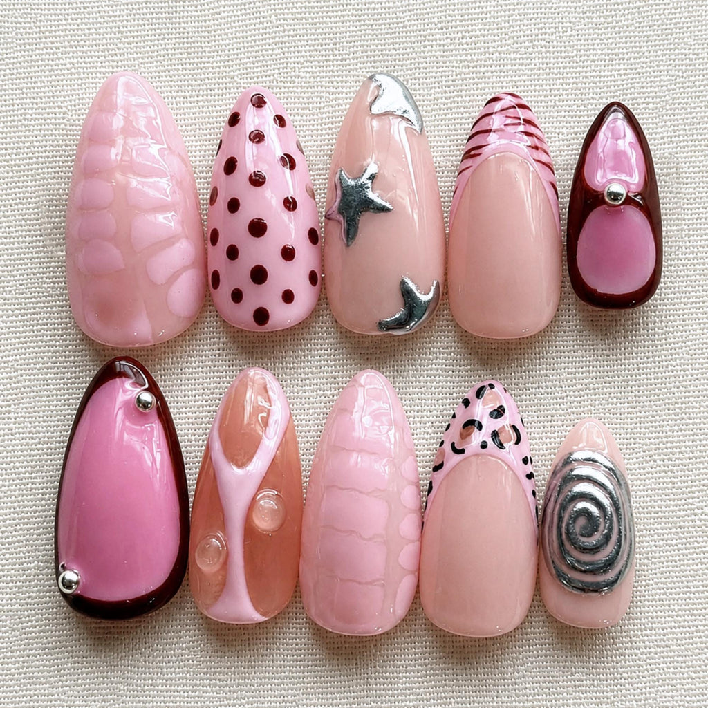 Pink Coquette Press On Nails, Y2K Polka Dot Nail Set
