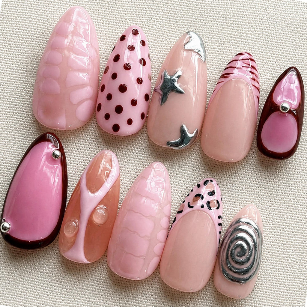 Pink Coquette Press On Nails, Y2K Polka Dot Nail Set