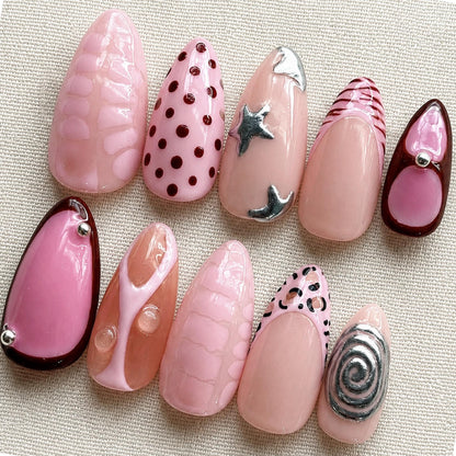 Pink Coquette Press On Nails, Y2K Polka Dot Nail Set