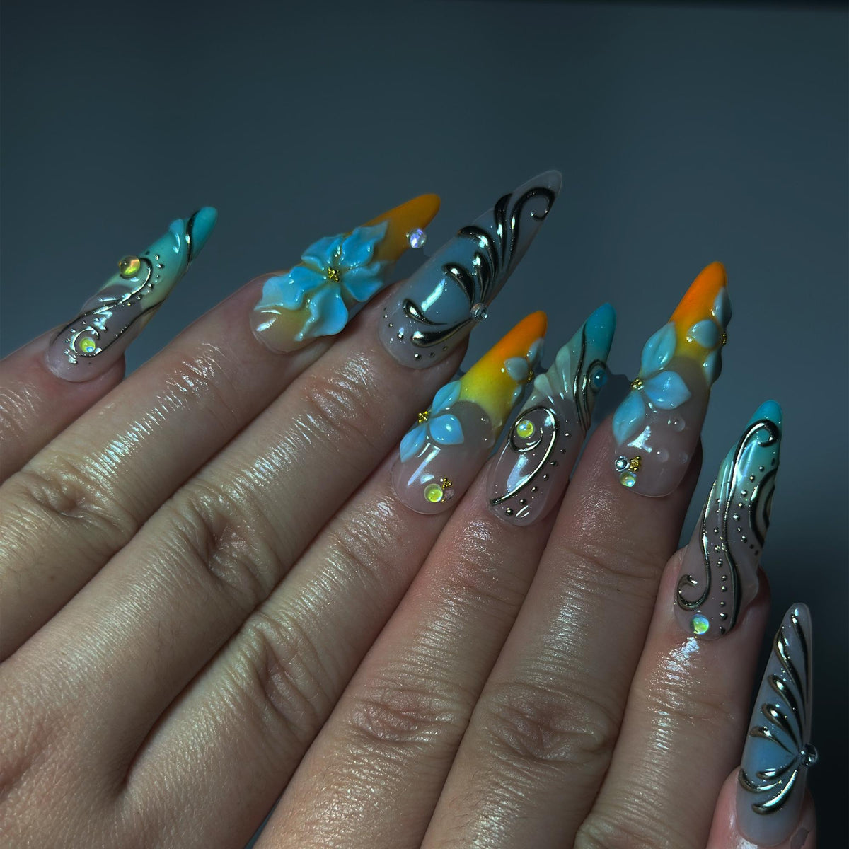 3D Flower Press On Nails, Luxury Teal Orange Fake Nails, Handmade Stiletto Glue On Nails Trendy Summer Gel Nails for Wedding Party | JB415LK
