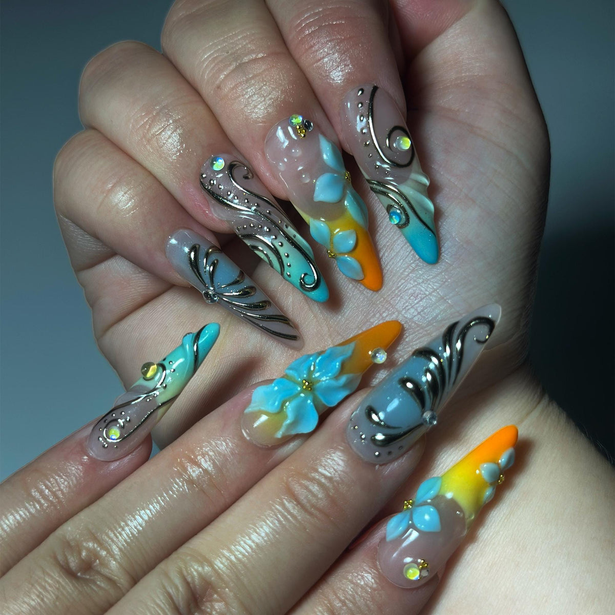 3D Flower Press On Nails, Luxury Teal Orange Fake Nails, Handmade Stiletto Glue On Nails Trendy Summer Gel Nails for Wedding Party | JB415LK