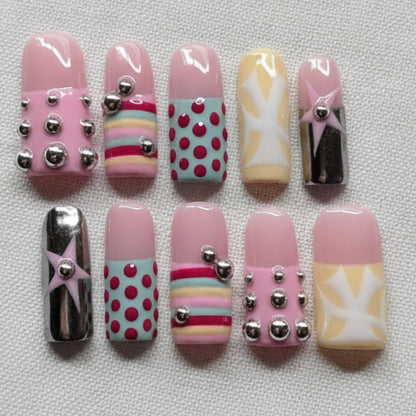 Y2K Star Press On Nails, Retro Polka Dot Studded Nail Set
